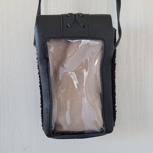 Black Leather Cell Phone Holder Crossbody Carrying Bag Clear Case Fuzzy Fleece